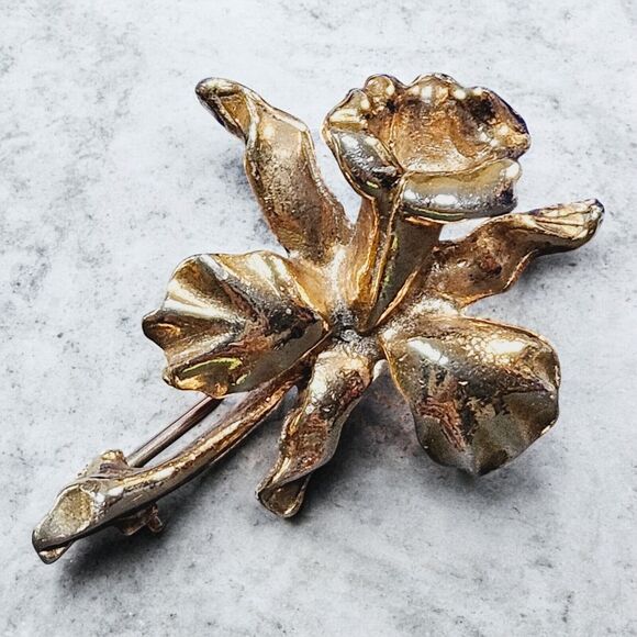 Vtg Jack In The Pulpit Screw Earrings Matching Brooch Set Gold Tone Iris Bundle - Picture 2 of 14